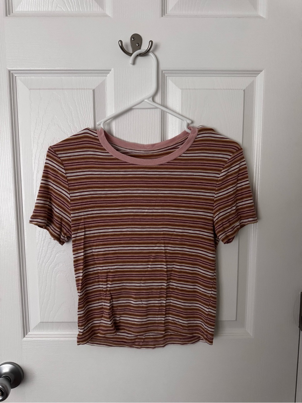 American Eagle Striped Pink and Brown Short Sleeve Tee - XS